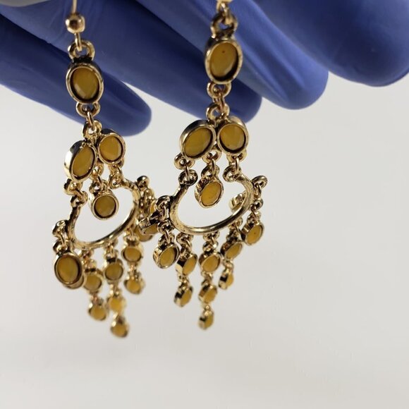 Stunning Chandelier Drop Dangle Earrings Gold-tone Finish Striking Yellow Stones - Picture 4 of 4